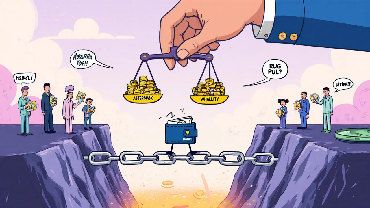 A small wallet on a fragile bridge over a liquidity pit, watched by meme-holding users.