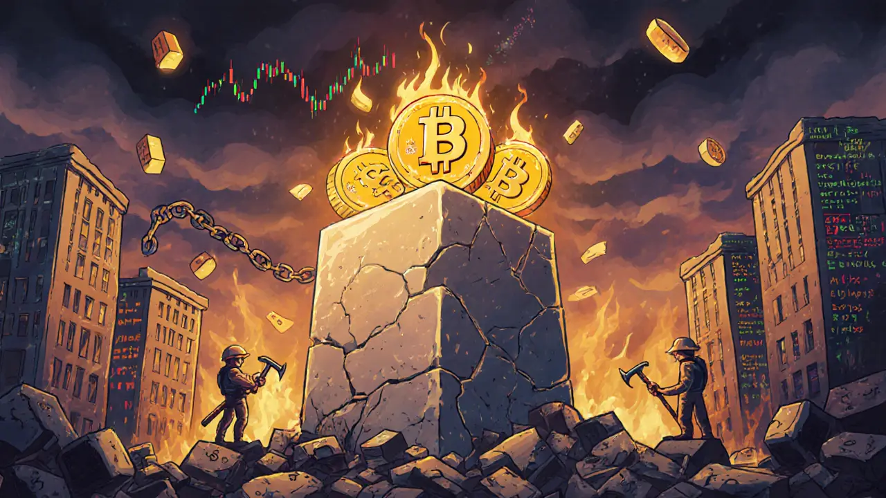 Ein leuchtender Genesis-Block als Denkmal über einem zerbrochenen Finanzsystem, mit 50 goldenen Bitcoin-Münzen darauf.