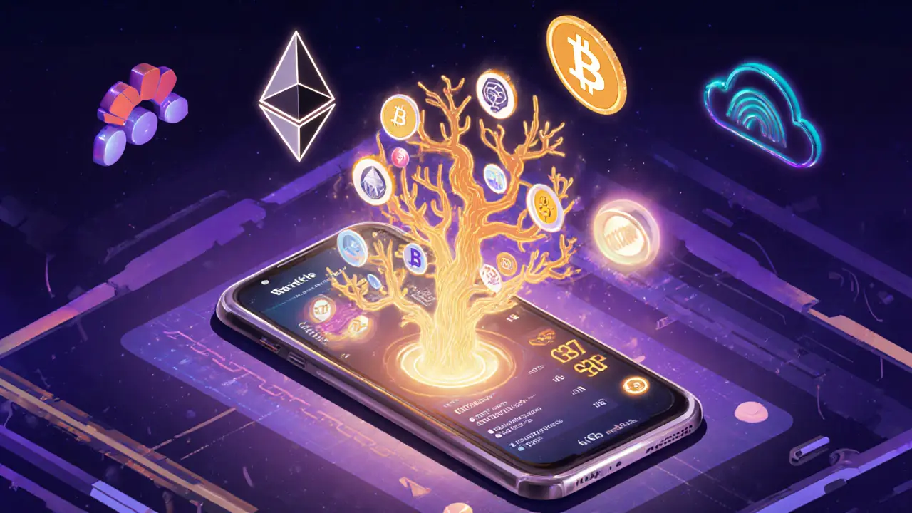 Ein Smartphone mit einem Merkle Patricia Tree, der Konten und Zahlungen verbindet, in futuristischem Stil.