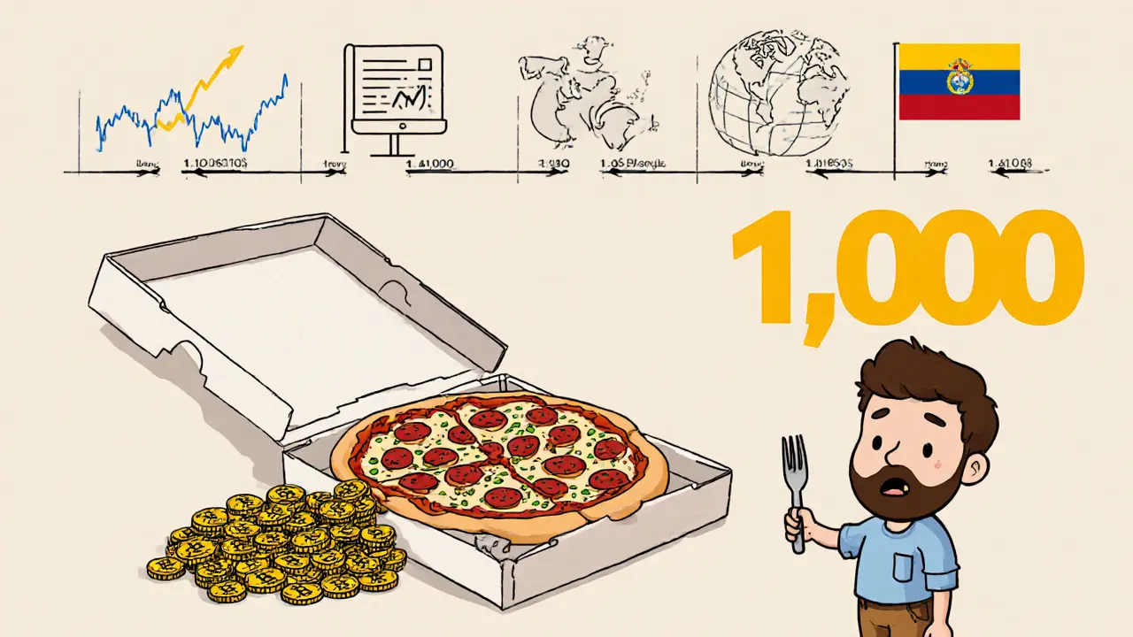 Eine Pizza mit 10.000 Bitcoin-Münzen als Belag, während eine Geschichte der Kryptowährung sich im Hintergrund entfaltet.