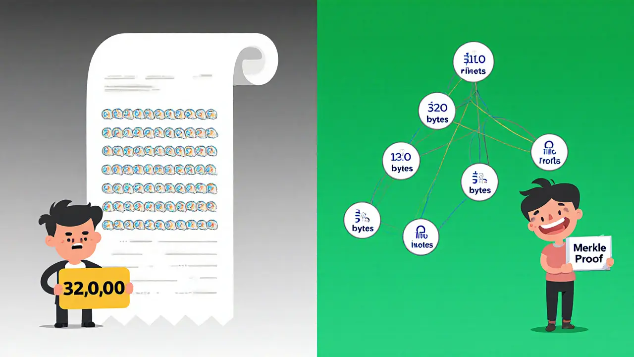 Vergleich: Ein riesiger Datenstapel vs. ein kompakter Pfad aus Hash-Werten zur Verifikation.