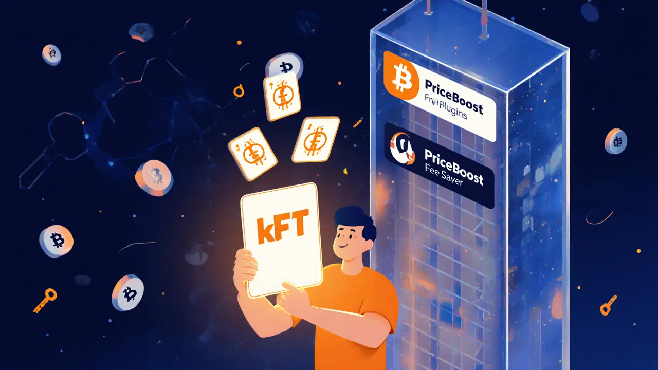 Ein Nutzer mit einer kpNFT-Karte, die vier Belohnungsikonen erzeugt, umgeben von Plugin-Symbolen und MPC-Schlüsselteilen.