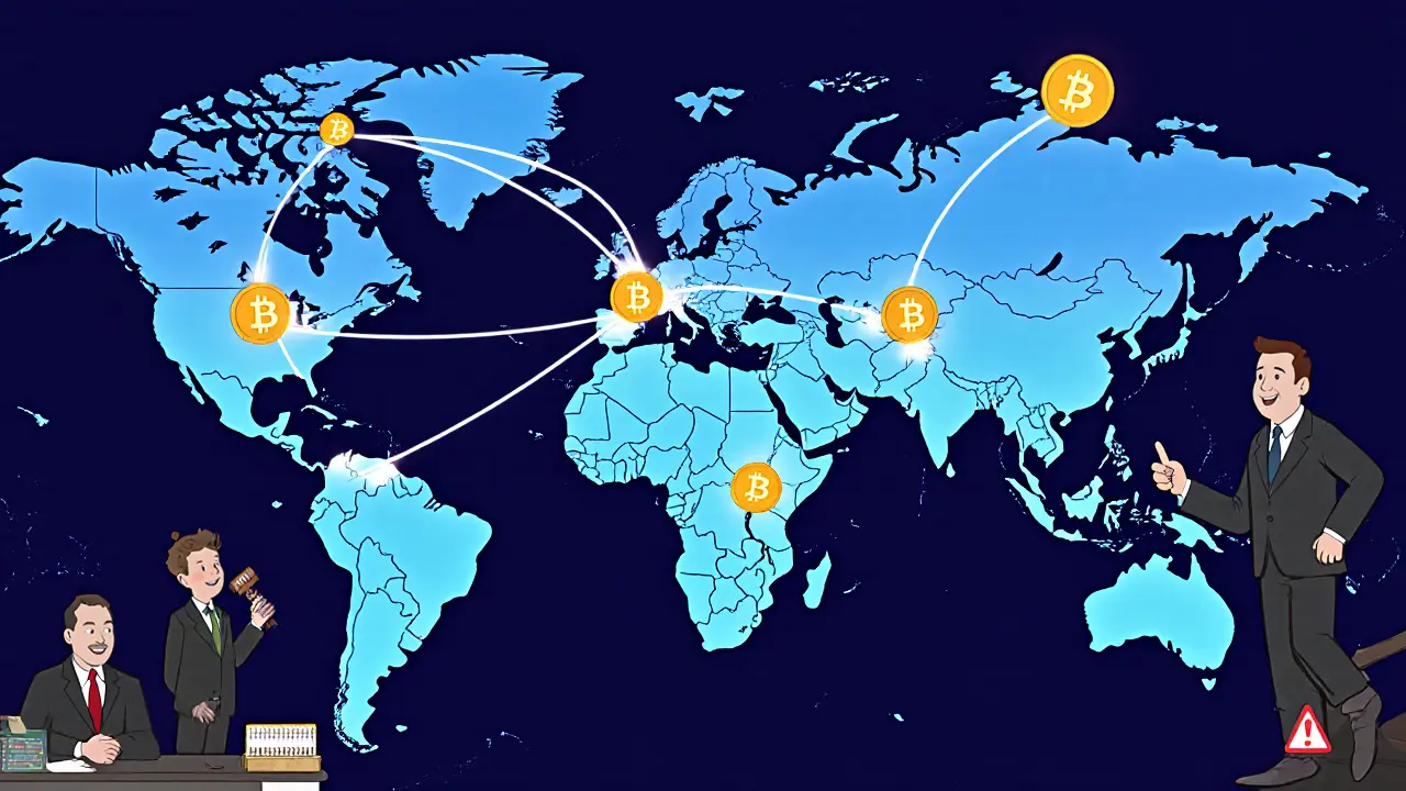 Eine globale Karte zeigt Blockchain-Verbindungen zwischen Ländern, während Menschen Geld schnell und günstig senden.