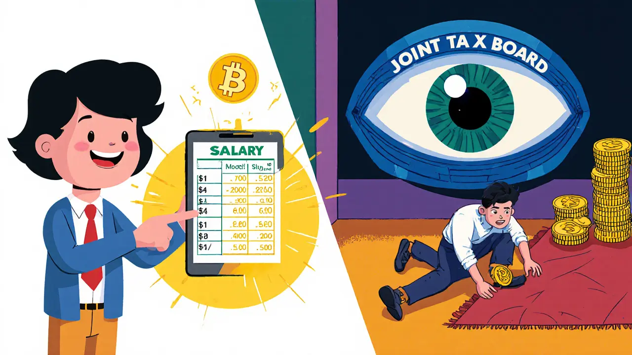 Freelancer erhält USDT-Gehalt, während ein Buchhalter Gewinne berechnet; rechts versteckt jemand Kryptos vor einer überwachenden Auge.