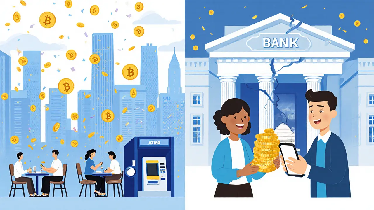 Singapore mit digitalen Wallets im Alltag vs. ukrainische Familie, die Krypto-Löhne erhält, während eine gebrochene Bank im Hintergrund verschwindet.