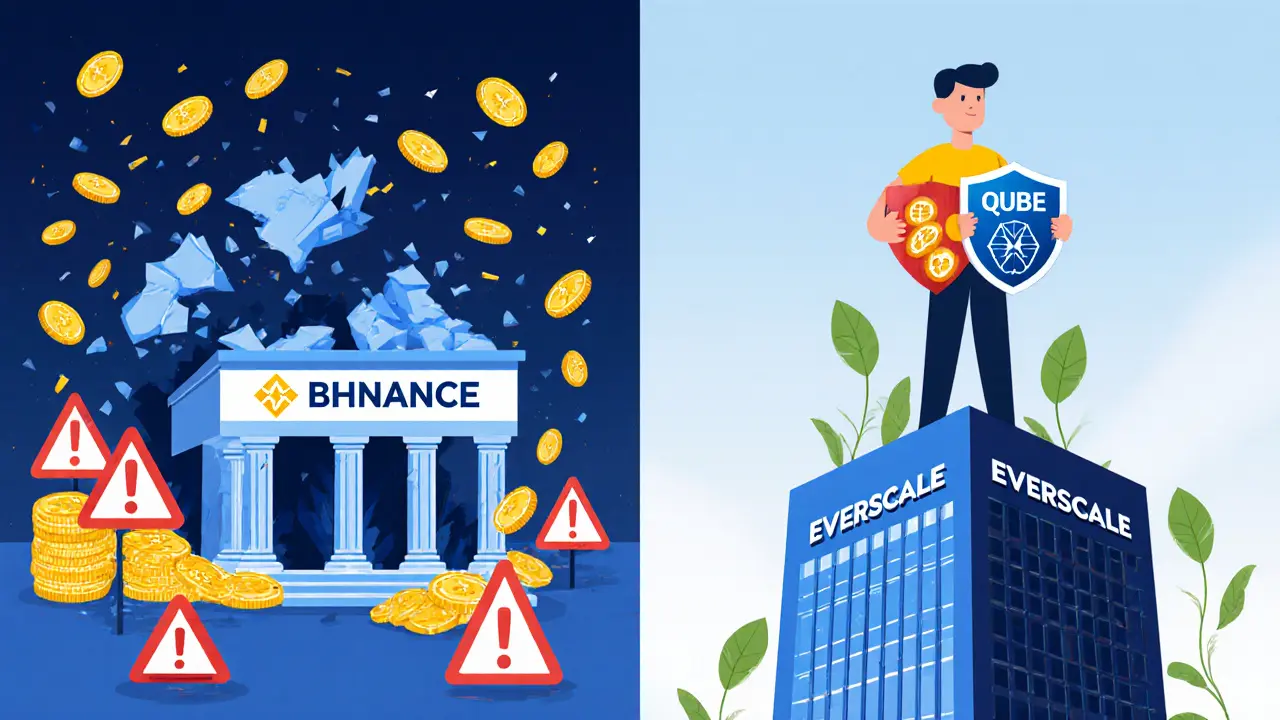 Vergleich: Unsichere zentrale Börse links vs. sichere dezentrale Kontrolle rechts mit QUBE-Schild.