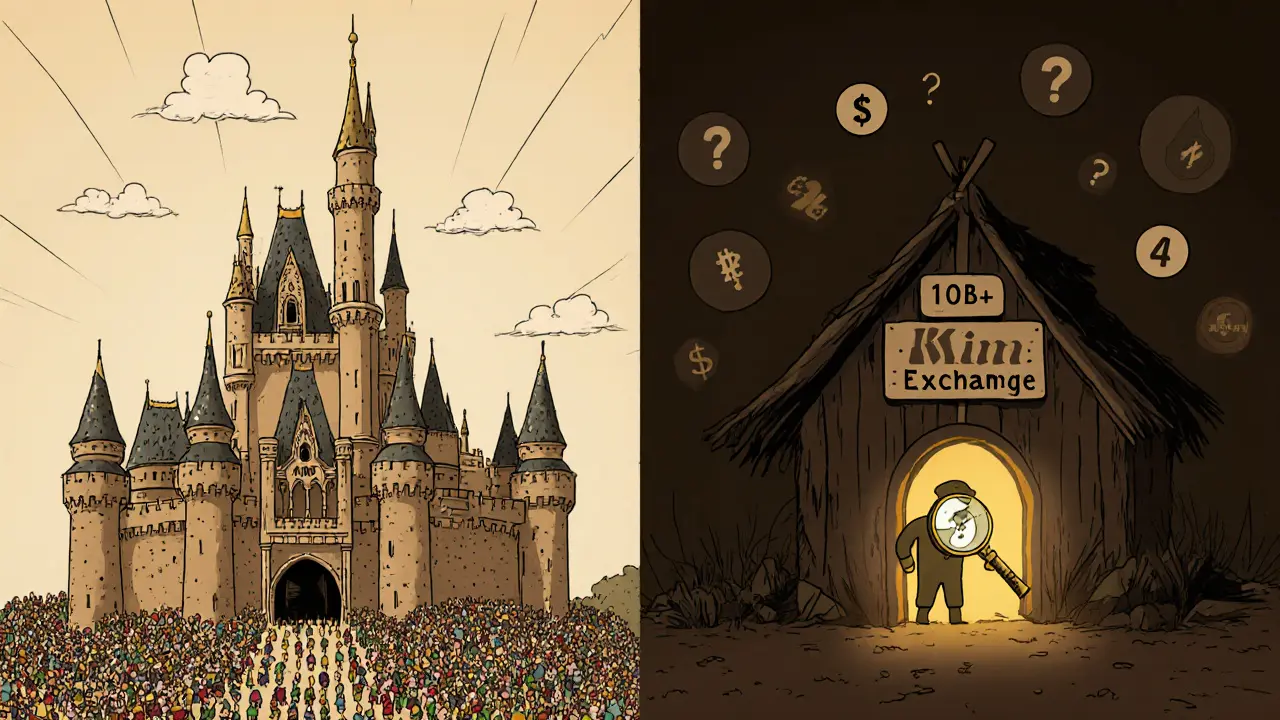 Vergleich zwischen einer großen, bekannten Börse und einer kleinen, rätselhaften Plattform mit Fragezeichen und fehlenden Daten.