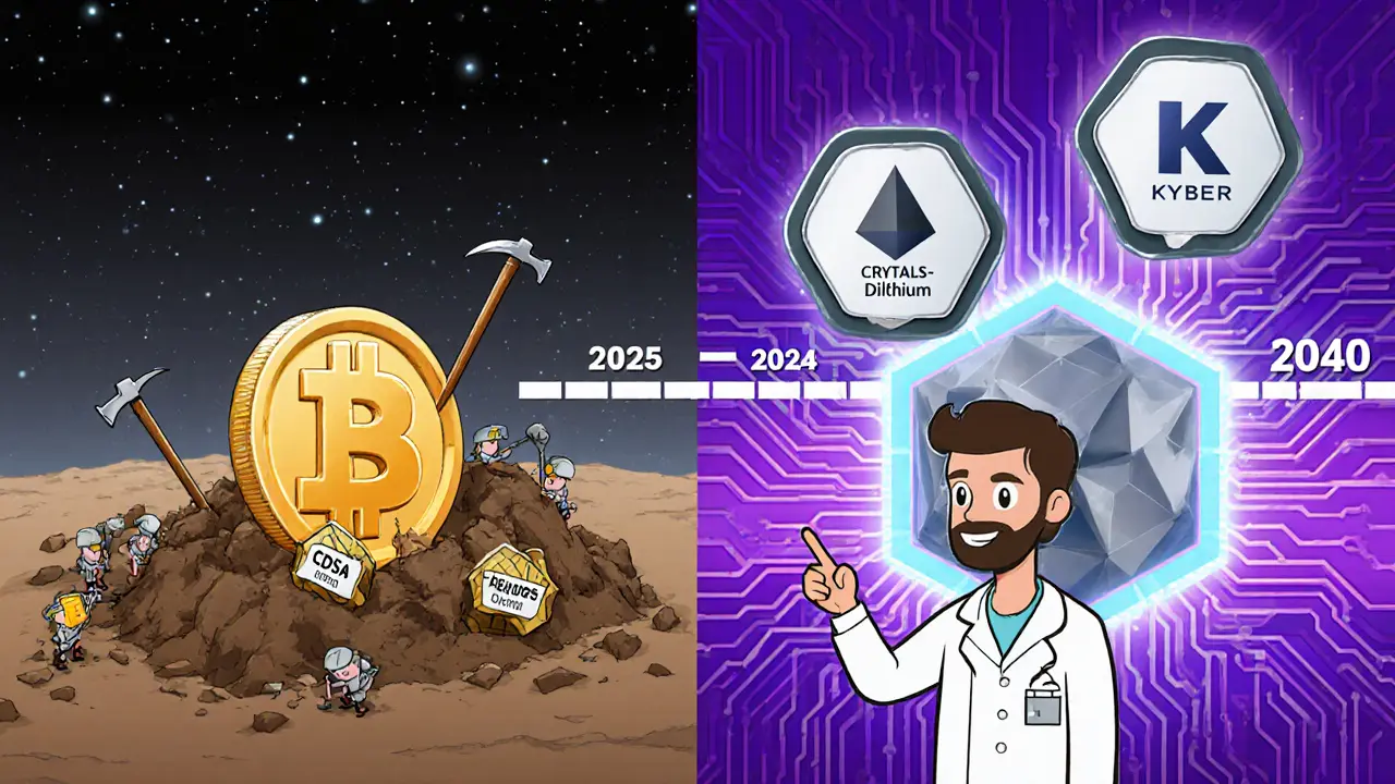 Vergleich zwischen veralteter Kryptografie und quantenresistenter Blockchain-Technologie in zwei Szenen.