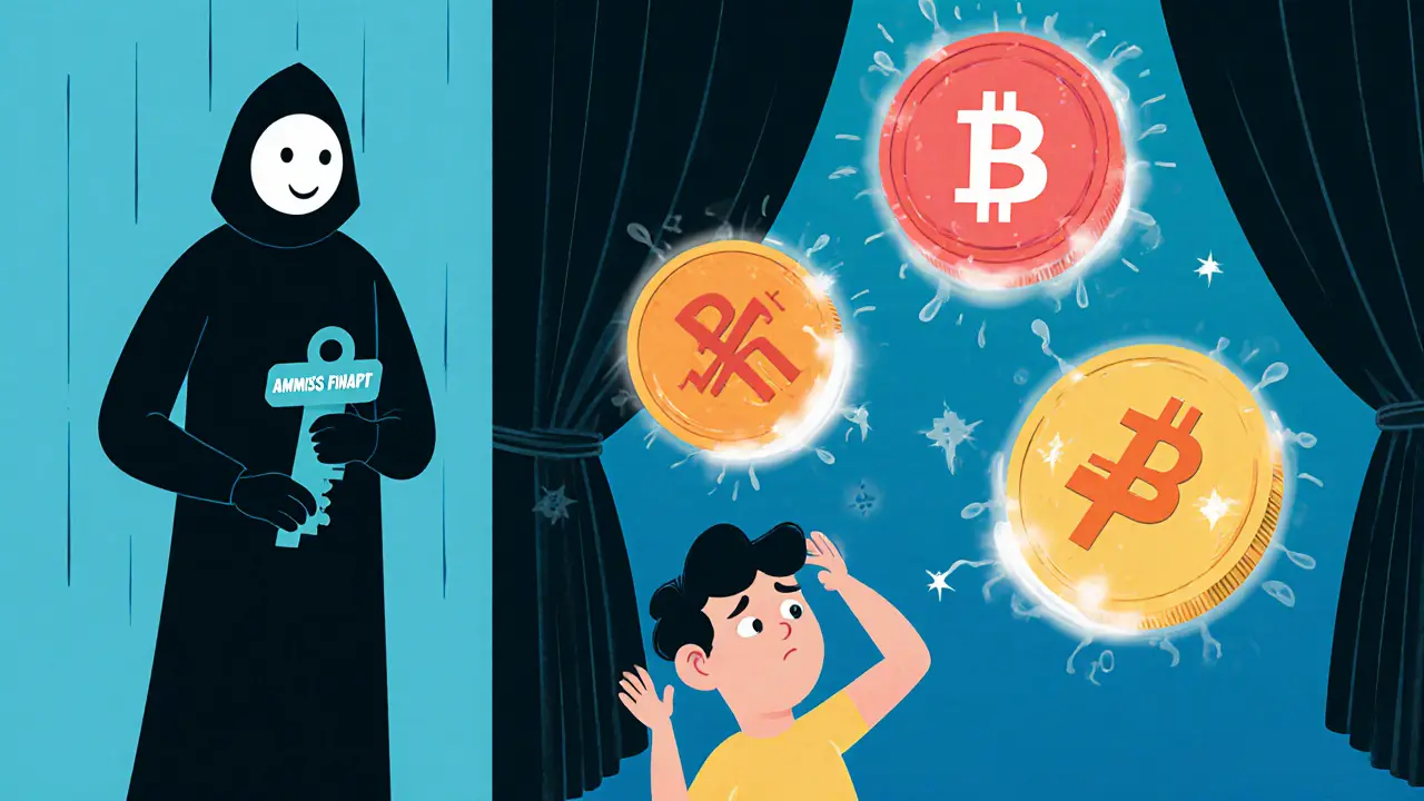 Verwirrter Anleger vor drei schwebenden Token-Bezeichnungen, hinter einem undurchsichtigen Vorhang steht eine anonyme Figur.