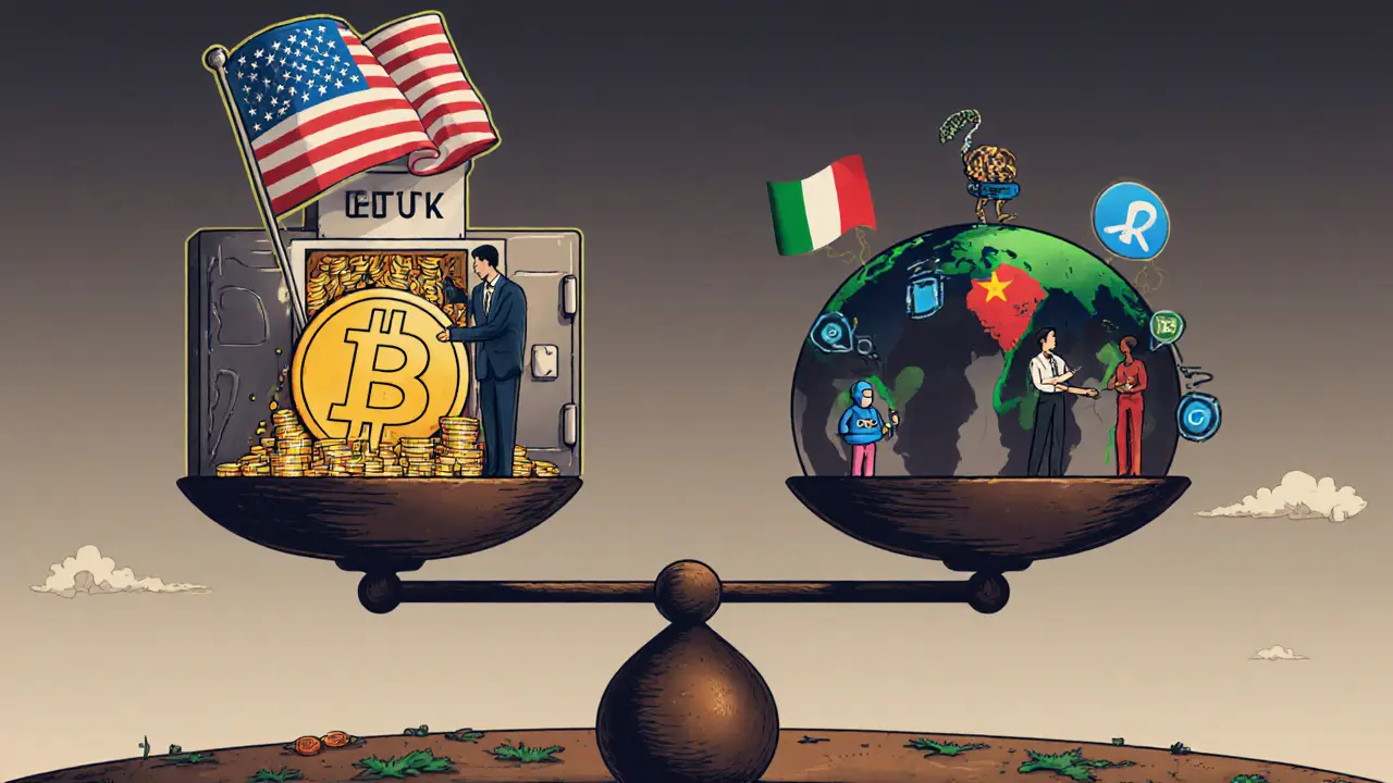 Waage mit institutionellen Investoren auf der einen, versteckten P2P-Nutzern auf der anderen Seite – offizielle vs. grassroots Crypto-Nutzung.