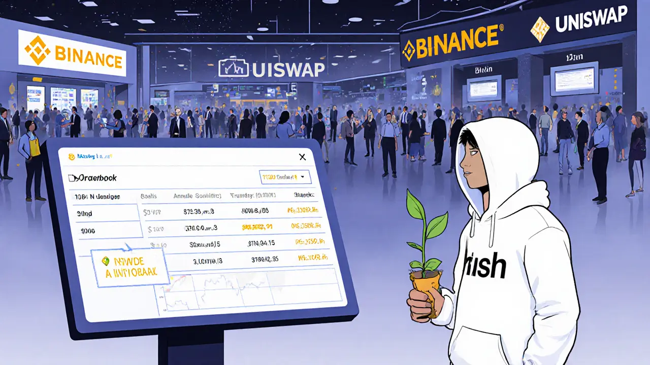 Dünnes Orderbook von Nash im Vergleich zu großen Börsen, mit Symbol für zukünftiges Wachstum.