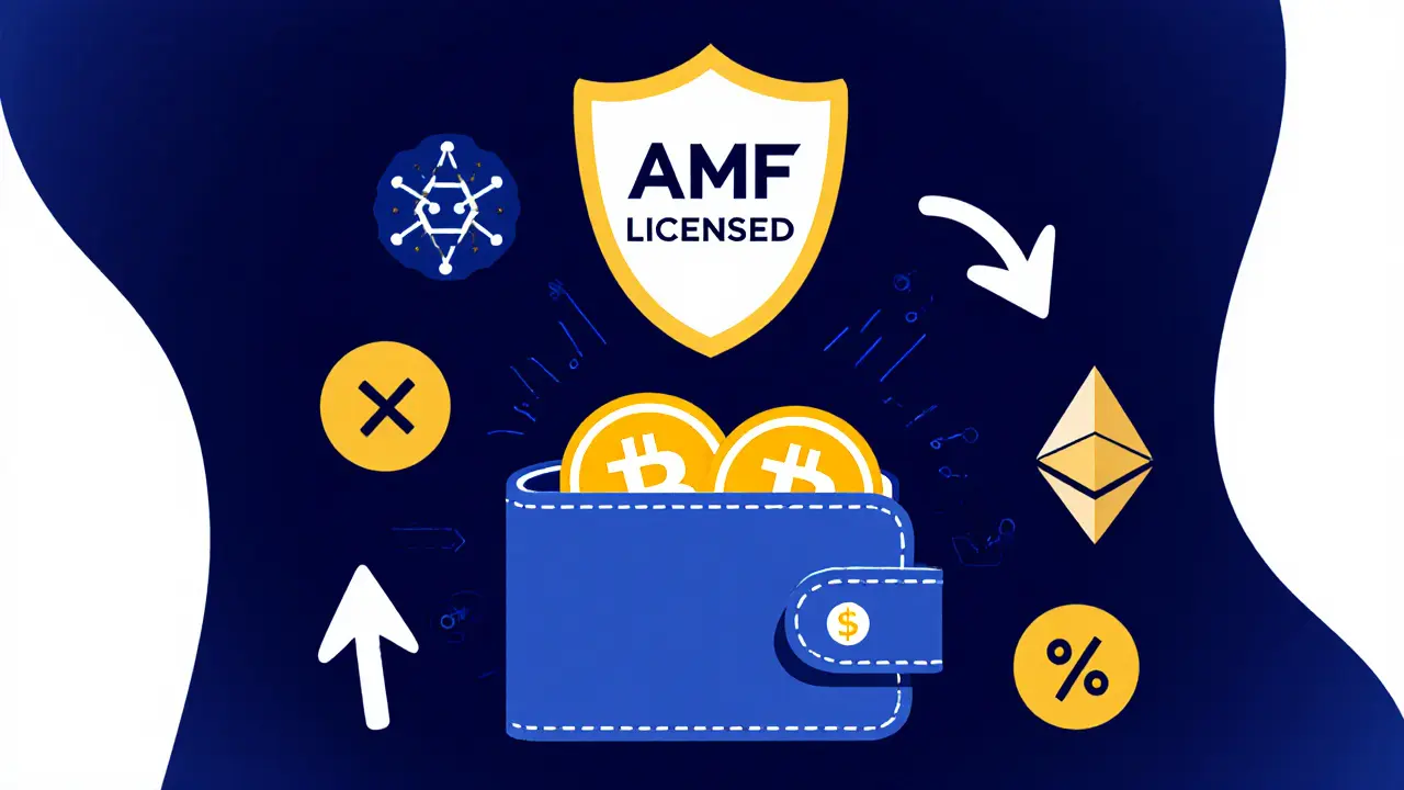 Ein regulierter Paymium-Wallet-Schild mit negativem Maker-Fee-Symbol und SEPA-Überweisungs-Icons.