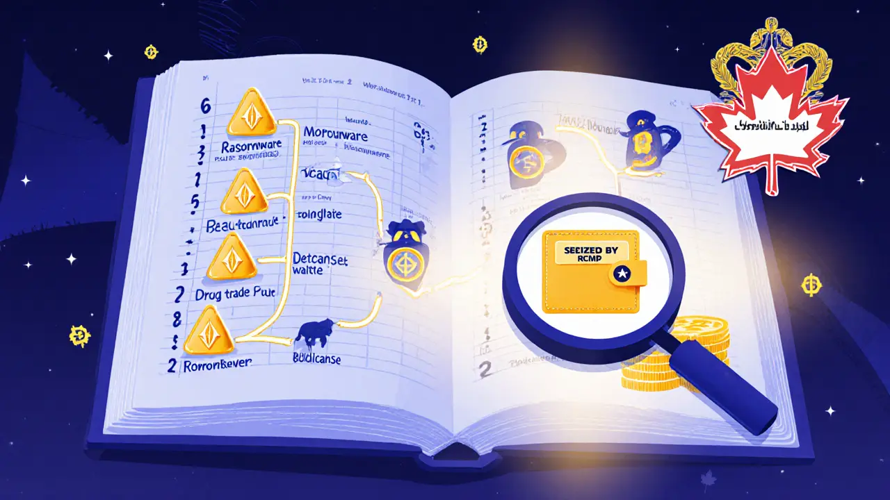 Eine Blockchain-Ledger-Analyse verfolgt kriminelle Transaktionen bis zu einer beschlagnahmten Wallet mit RCMP-Kennzeichnung.