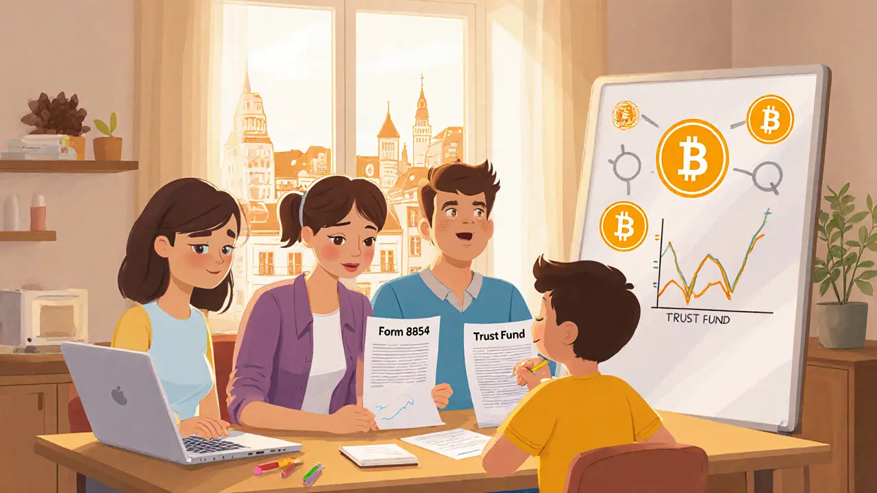 Eine Familie in Europa bereitet sich auf die Aufgabe der US-Staatsbürgerschaft mit Dokumenten und Krypto-zeichnungen vor.