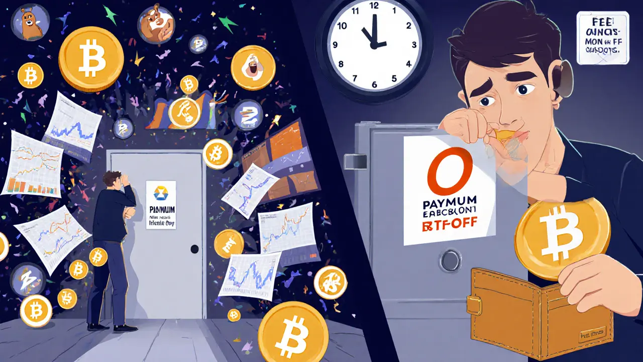 Kontrast: Chaotischer Trader links, ruhiger Bitcoin-Sparer rechts mit klarem Fokus auf BTC und ETH.