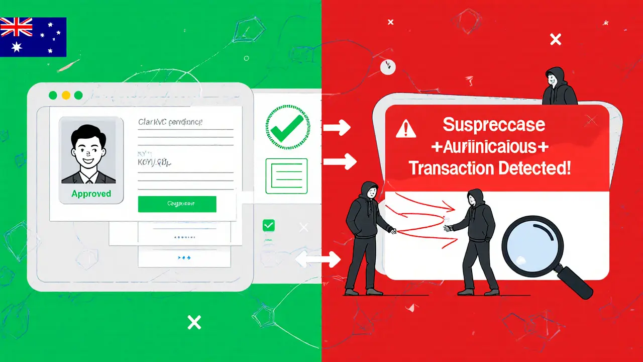 KYC-Prüfung im Vergleich zu verdächtigen Kryptotransaktionen, dargestellt in klaren, kontrastreichen Illustrationen.