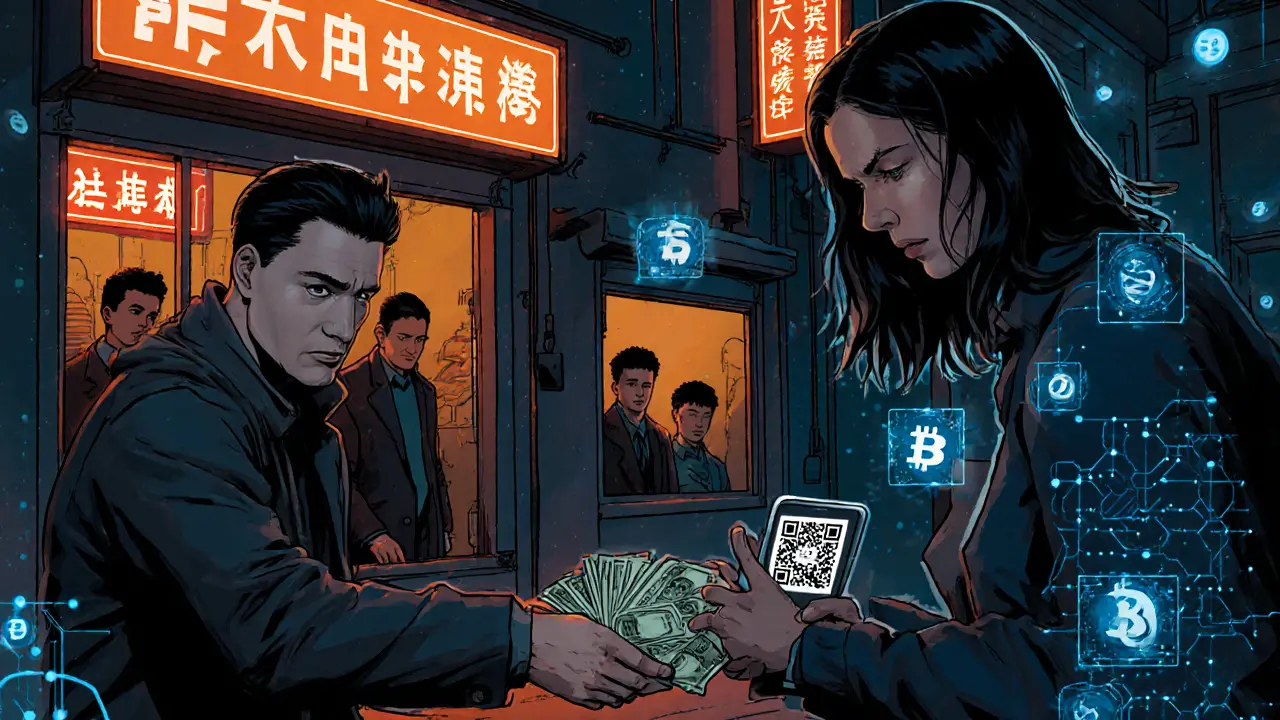 Menschen tauschen Bargeld gegen Kryptowährung in einer versteckten Gasse.