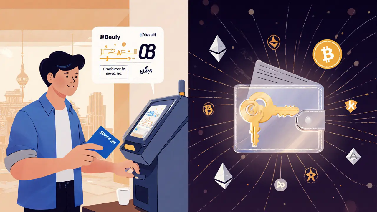 Nutzer bezahlt mit Nash Debit Card im Café, während Krypto-Wallet mit Blockchain verbunden ist.