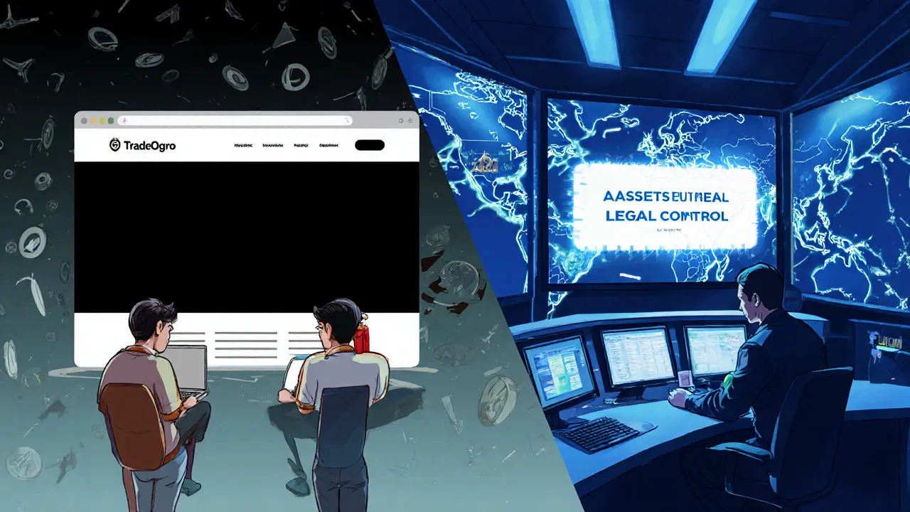 Nutzer sehen eine abgeschaltete Börse, während Polizei in einem Kontrollzentrum die Transaktionen analysiert.