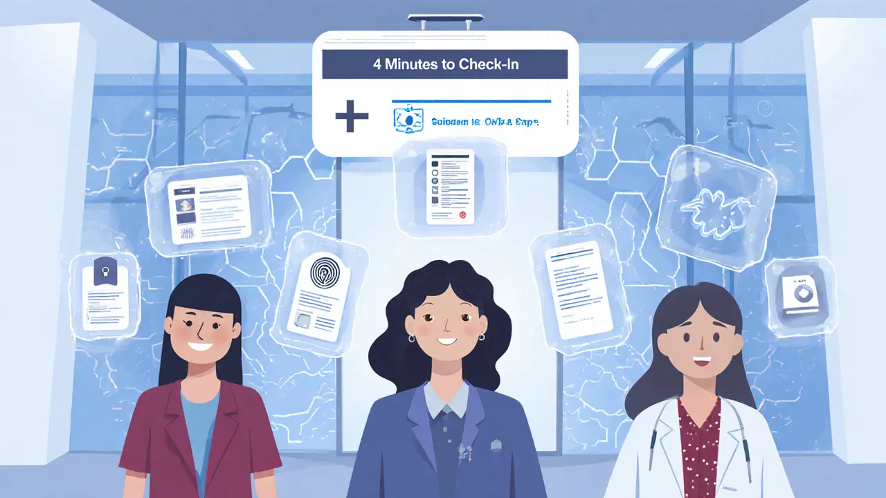 Schweizer Krankenhaus-Eingang mit biometrischer Identitätsprüfung und schwebenden, nur für Berechtigte sichtbaren Gesundheitsdaten.