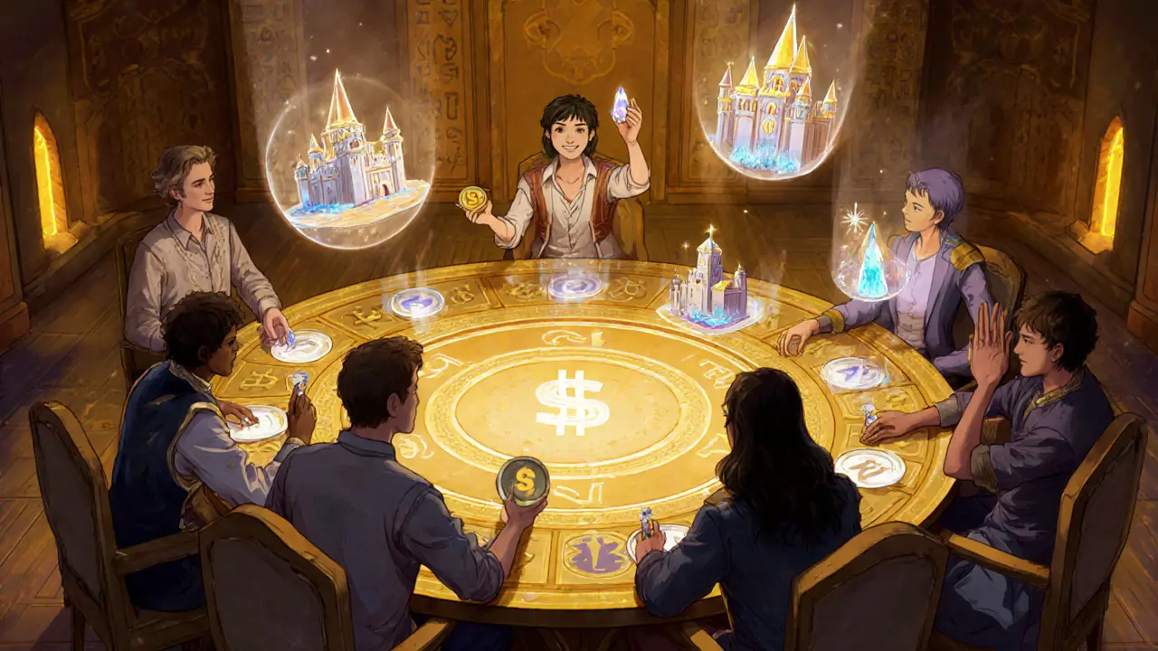 Spieler stimmen in einem magischen DAO-Raum über zukünftige Spielupdates ab, umgeben von schwebenden Token.