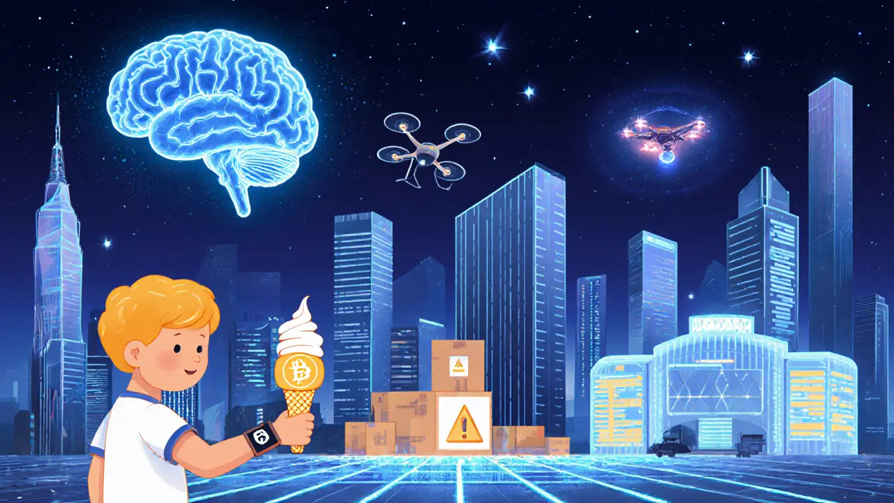 Stadt der Zukunft: Stablecoins im Alltag, sichere Gesundheitsdaten, KI-Analyse und Quantencomputer im Hintergrund.