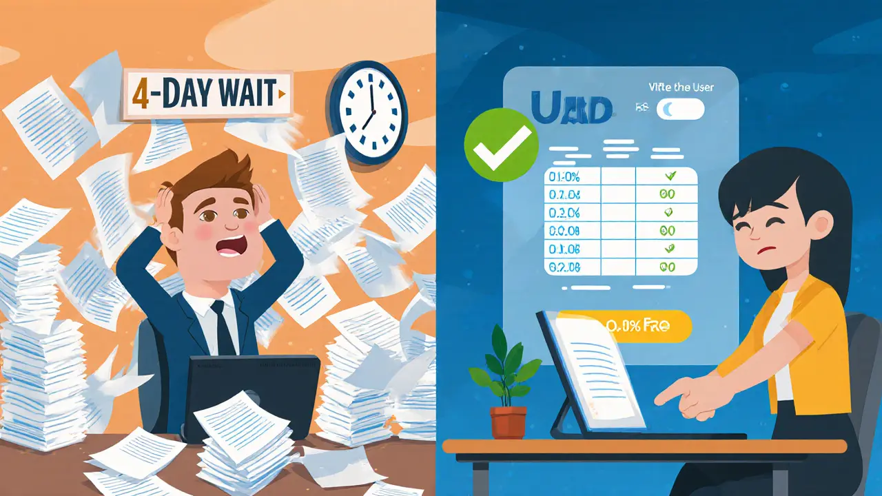 Vergleich: Chaos mit Papierkram und Wartezeiten links, schnelle digitale Zahlung mit Blockchain rechts.