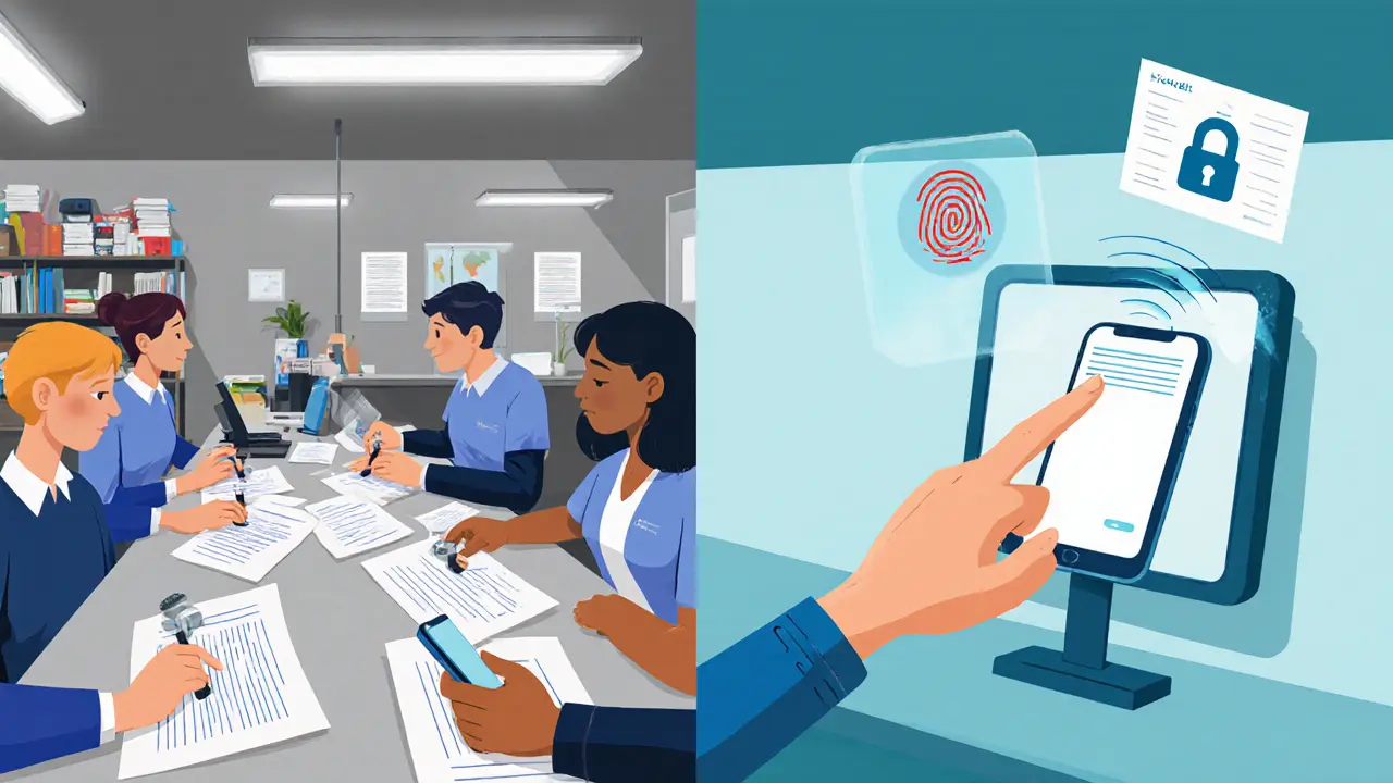 Vergleich: Links ein veralteter Büroalltag mit Papier, rechts eine moderne, schnelle digitale Identitätsverifizierung am Handy.
