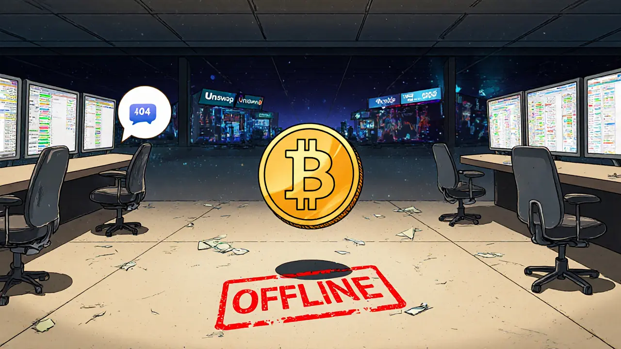 A single crypto token floating alone on an empty trading floor with broken support signs, representing zero liquidity.