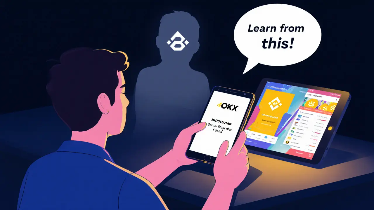 Anleger blickt auf einen schwarzen Bildschirm mit Bithumb-Schatten, während andere Börsen hell leuchten.