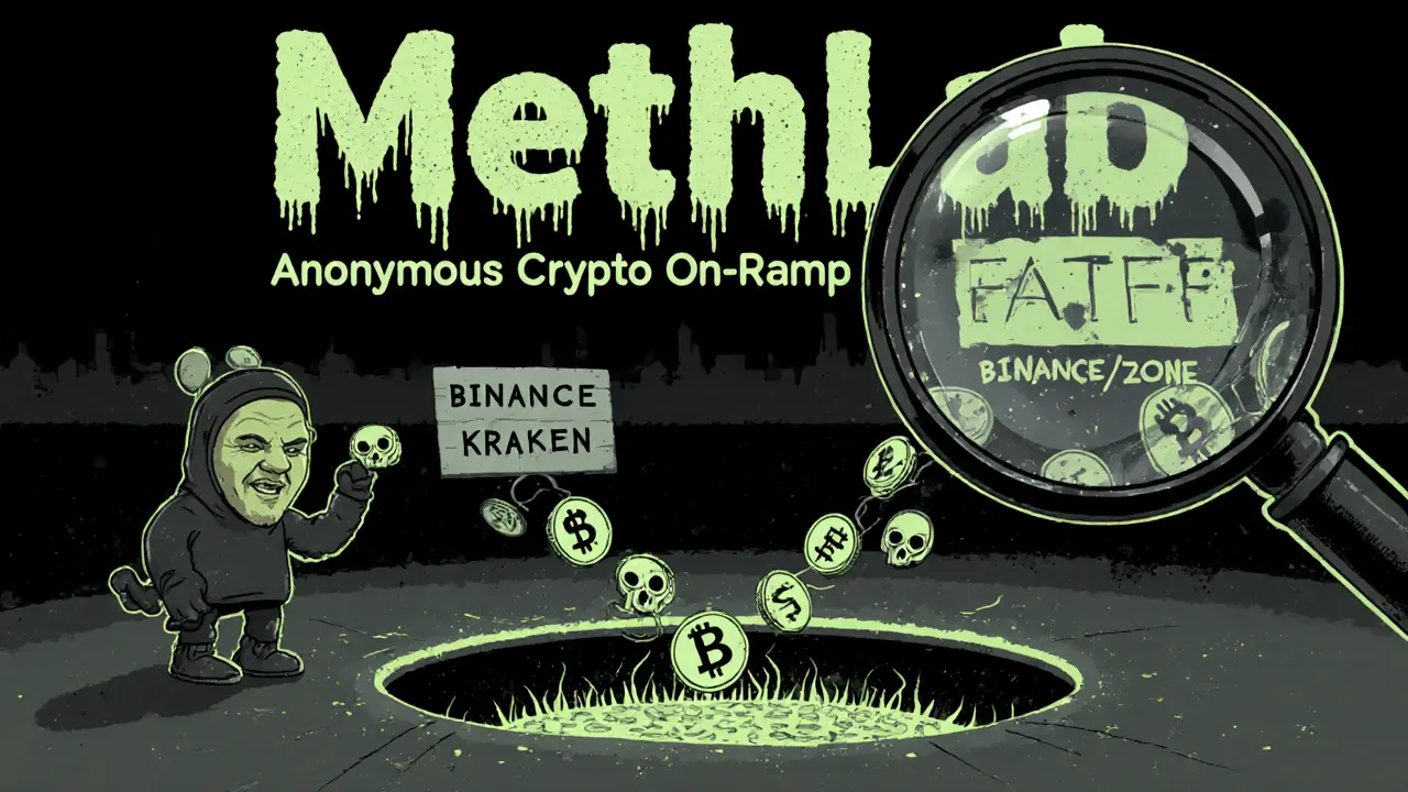 Darknet poster showing coins flowing into a black hole labeled 'FATF Risk Zone', illustrating money laundering via fake exchanges.