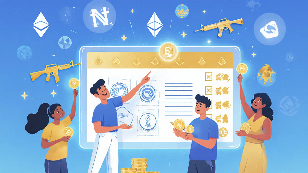 Gruppe von Spielern stimmt über neue Spiele ab, MCADE-Token als Abstimmungschip, holografisches Display im Hintergrund.