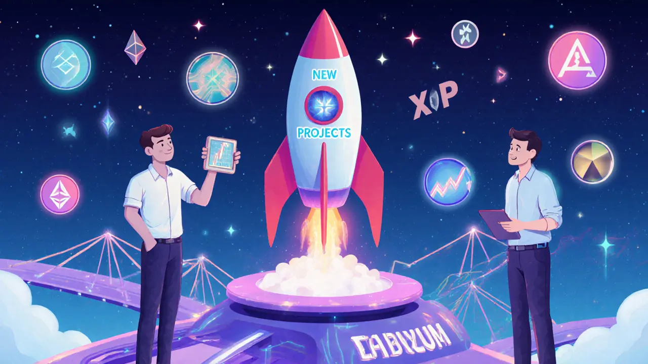 Launchpad mit Raketen, die neue Projekte auf das XDC-Netzwerk starten, angetrieben von XSP-Token und verbundenen Brücken.