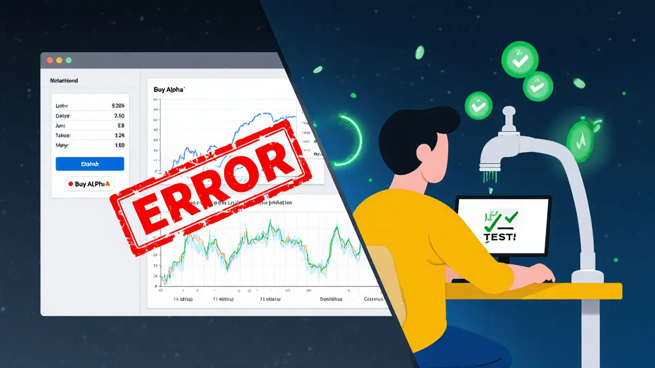 Linker Bildschirm: falsche Handelsplattform; rechter Bildschirm: Entwickler auf Testnet mit TEST-Tokens.