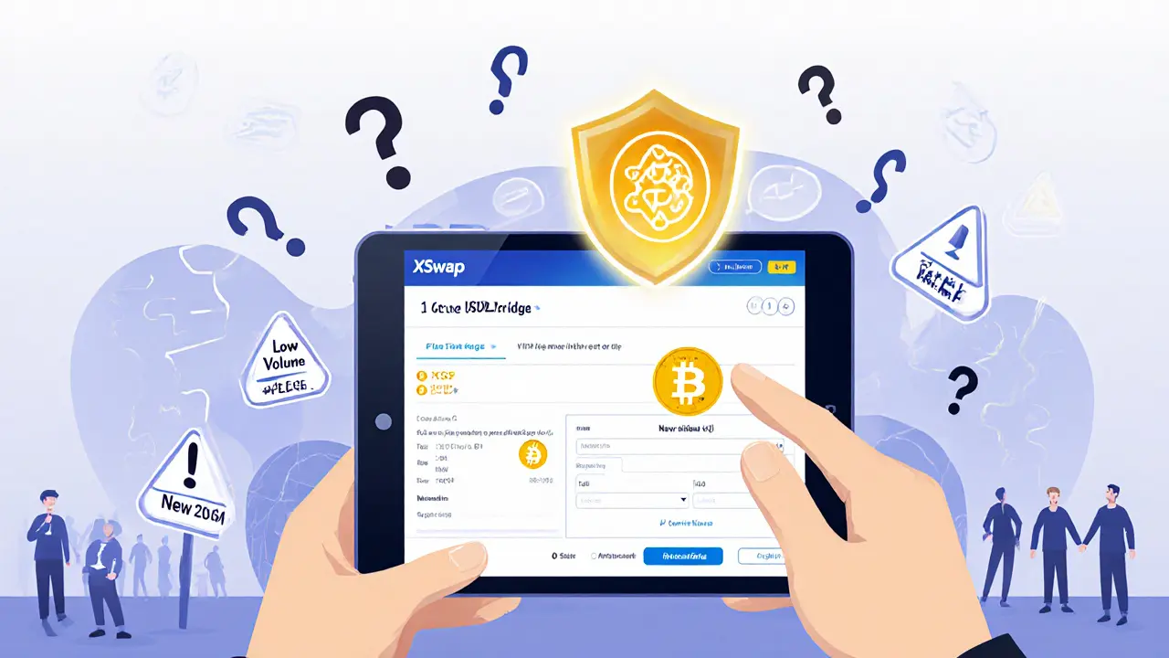 Nutzer tauscht XDC gegen XSP auf einem DEX, geschützt von einer verifizierten USDC-Brücke, während kleine Nutzergruppen hinzukommen.