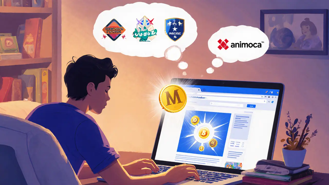 Spieler verbindet Wallet mit Metacade, MCADE-Token fliegt in einen Staking-Port, zukünftige Belohnungen als Gedankenblase.