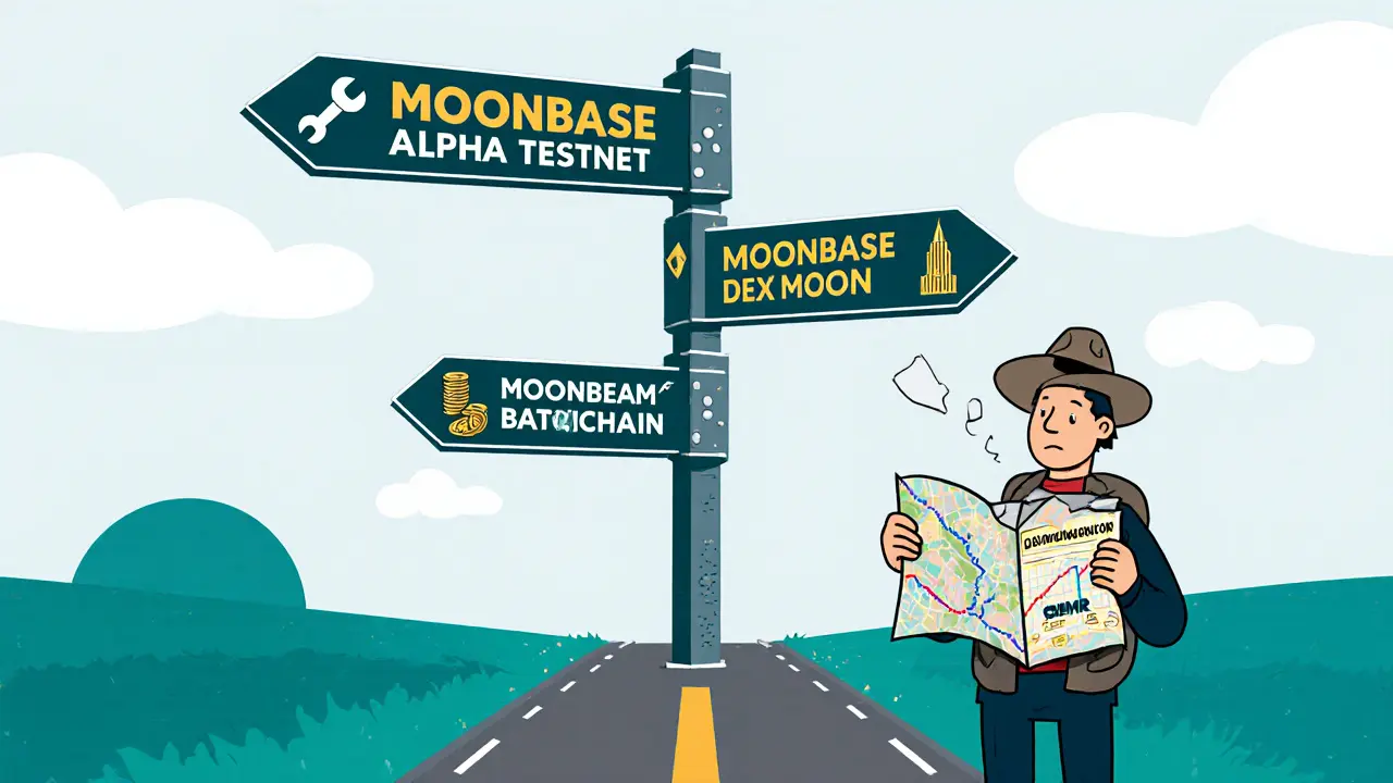 Wegweiser mit drei Krypto-Pfaden: Testnet, echter DEX und Haupt-Blockchain, ein Reisender mit falscher Karte.