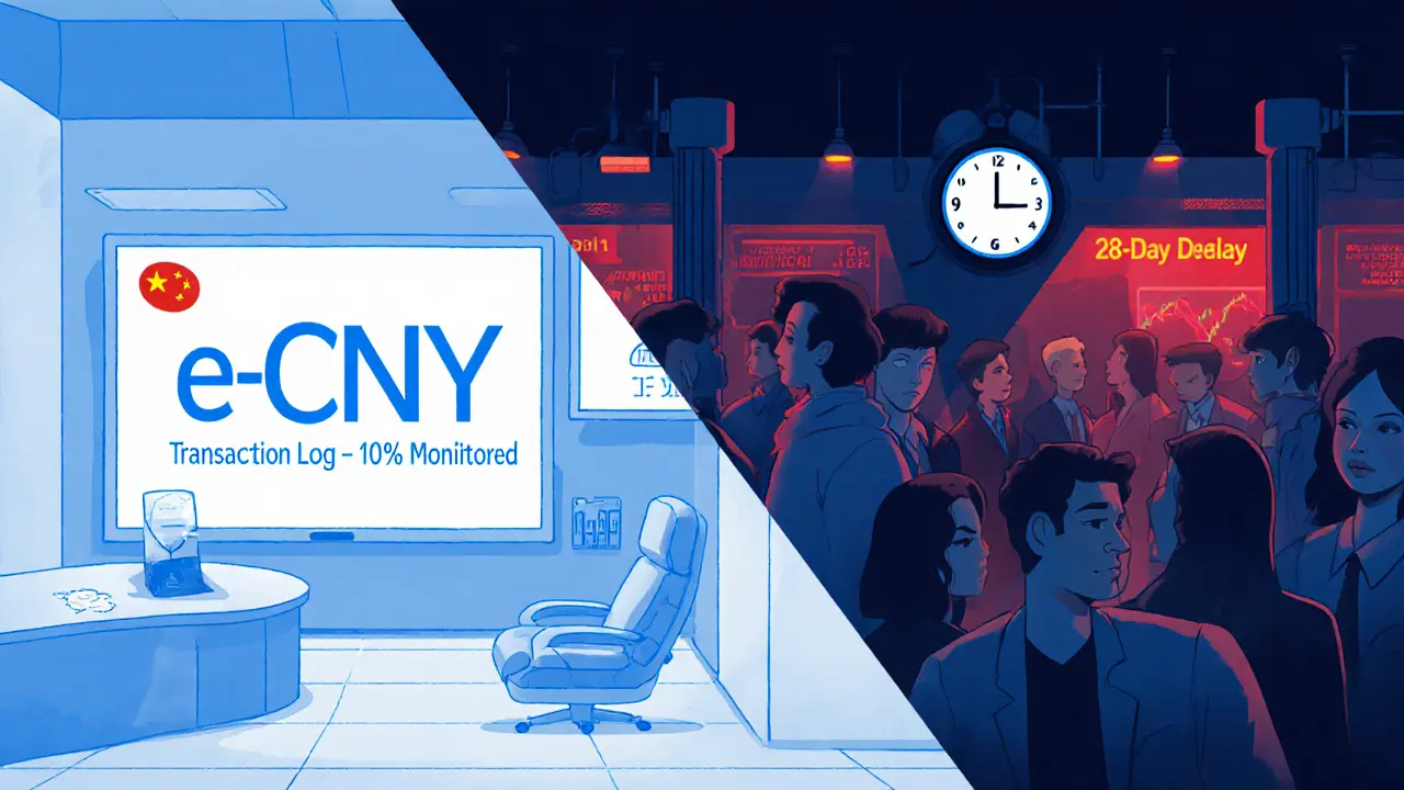 Ein gespaltenes Bild: links eine kontrollierte e-CNY-Zentrale, rechts ein dunkler, chaotischer Krypto-Handelsraum mit verzweifelten Nutzern und einer 28-Tage-Verzögerungsuhr.