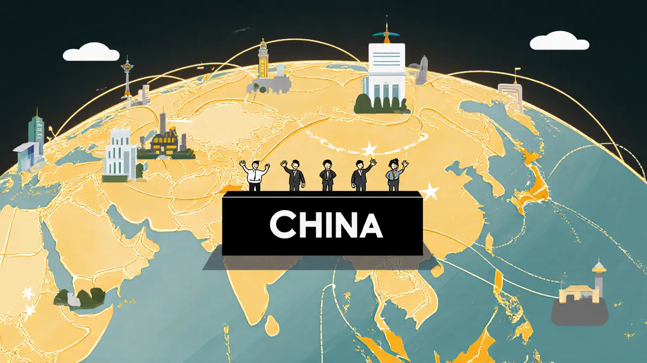 Ein globales Netzwerk von Ripple-Verbindungen in Südostasien und Europa, blockiert von einer schwarzen Mauer mit 'China', während kleine Figuren hinter der Mauer winken.