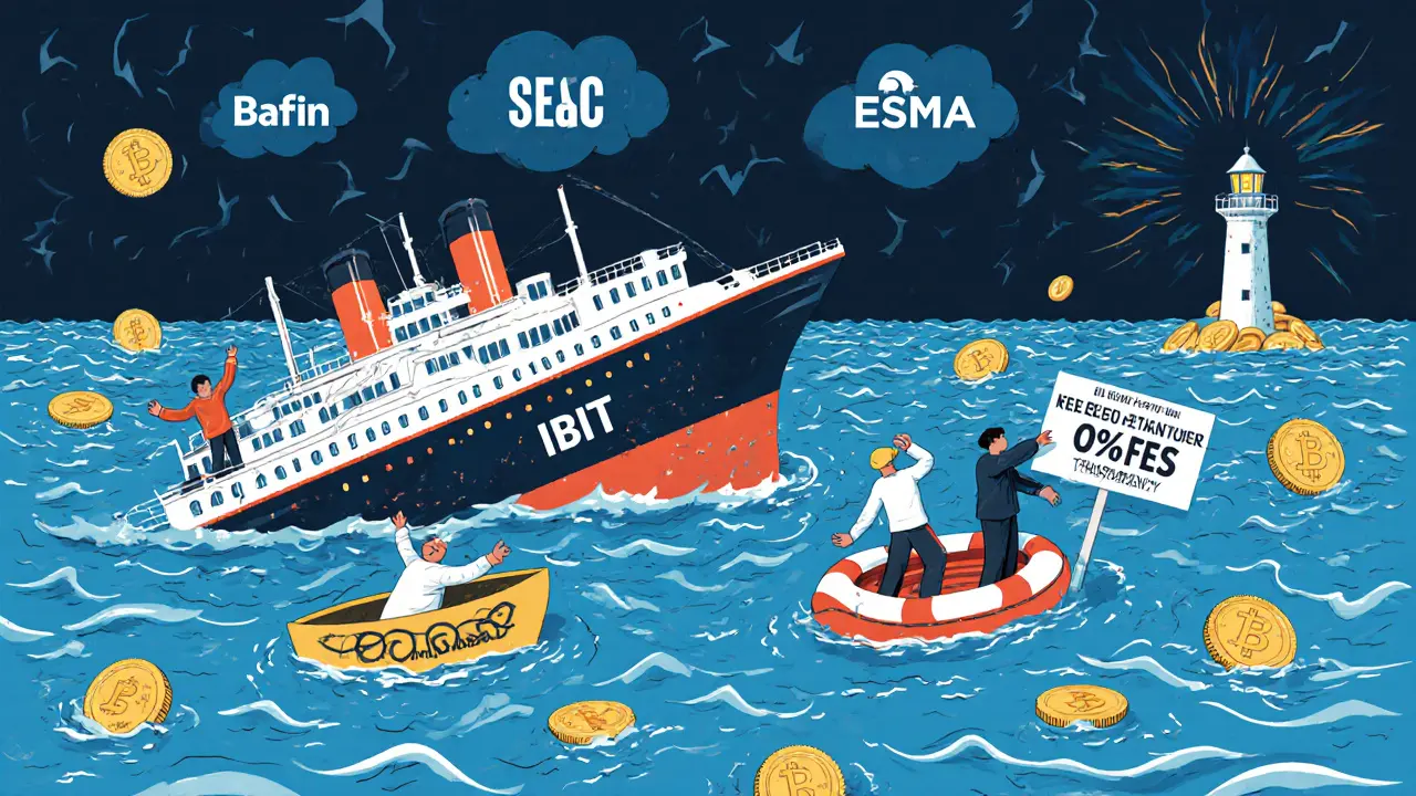 Ein Schiff mit dem Namen 'IBIT Global' sinkt, während Nutzer in Rettungsboote mit regulierten Börsen springen, ein Leuchturm der Transparenz leuchtet im Hintergrund.