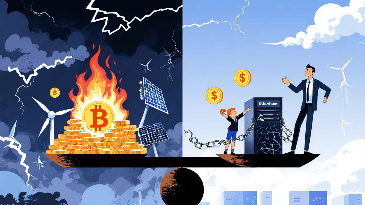 Eine Waage mit Bitcoin und erneuerbarer Energie gegen digitale Coins und Dollarzeichen, ein Kind zeigt auf die Bitcoin-Seite.