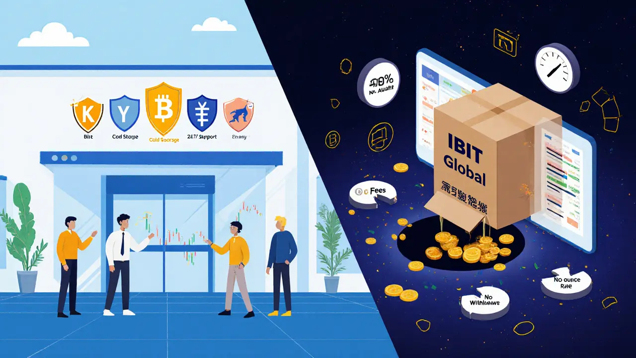 Vergleich: Eine sichere Krypto-Börse mit Sicherheitsmerkmalen links, rechts eine zusammenbrechende Box mit '0% Gebühren' und einem schwarzen Loch.