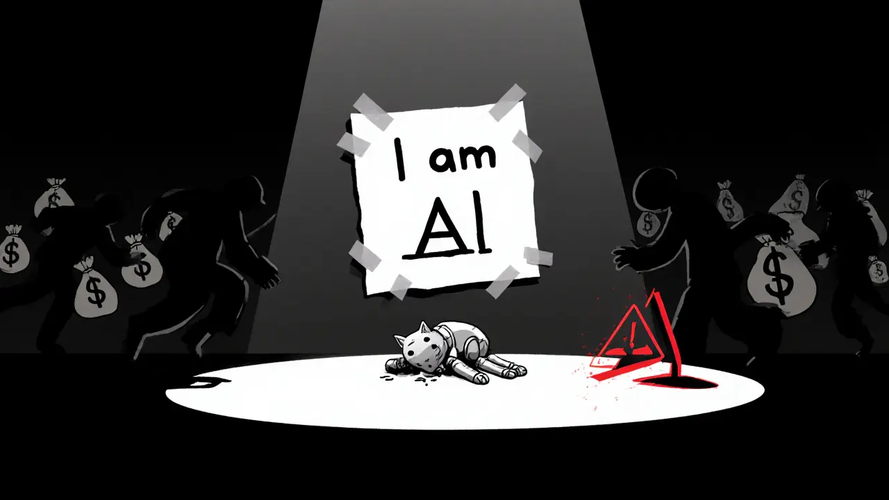 Ein leeres Bühnenbild mit einem Schild &#039;Ich bin KI&#039; und fliehenden Figuren im Hintergrund.