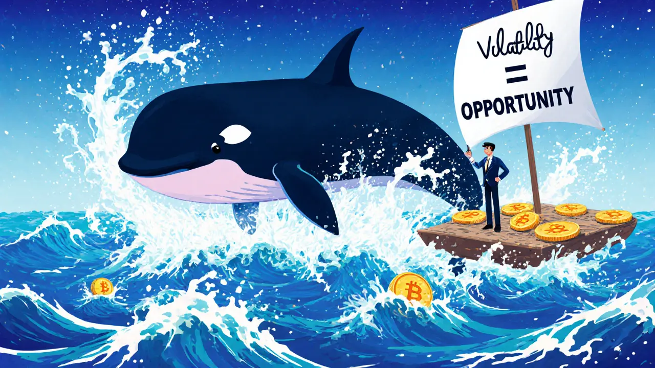 Ein riesiger Wal wirft Wellen aus Kryptowährungen, während ein Trader mit Optionssegeln die Volatilität nutzt.