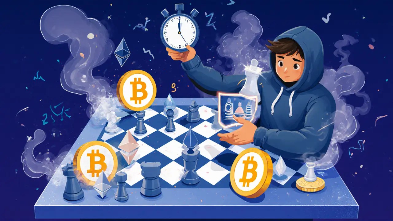 Ein Schachbrett mit Kryptowährungen als Figuren, ein Trader setzt strategisch mit Stop-Loss-Schildern und 5%-Regel.