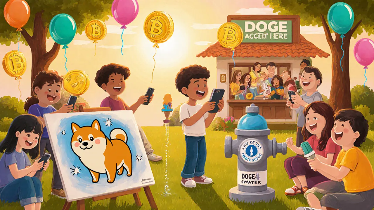 Eine Gemeinschaft in einem Park, die Dogecoin für Kunst, Wasser und Eis spendet, unter warmem Sonnenlicht.