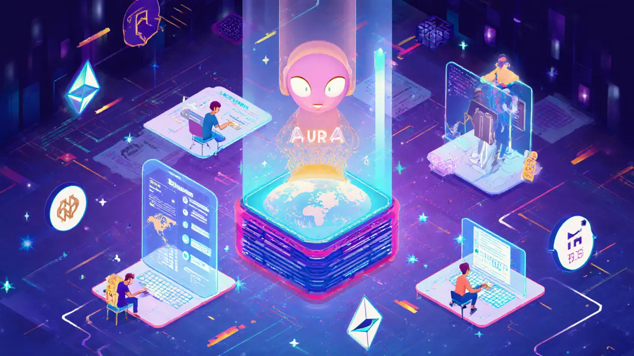 Entwickler bei einem Hackathon, umgeben von digitalen Code-Bildschirmen, während ein riesiger AURA-3.0-Avatar eine Roadmap projiziert.