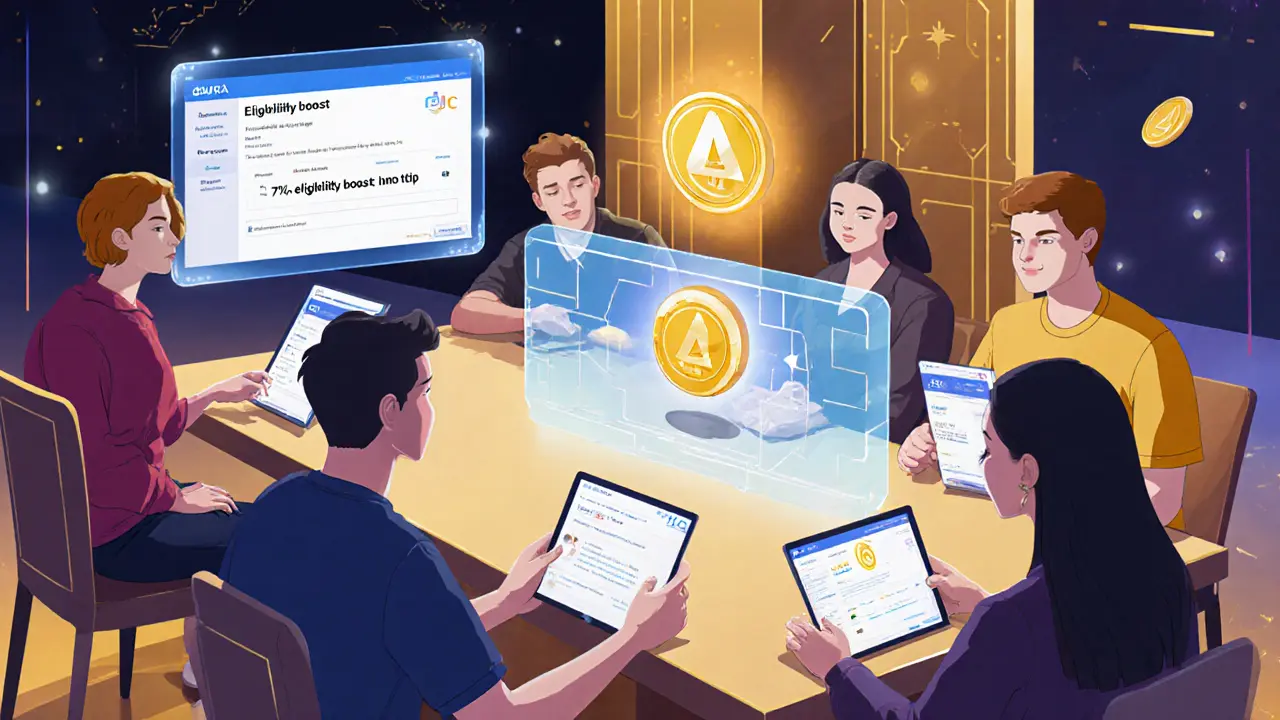 Menschen in einem futuristischen Café, die personalisierte AURA-Empfehlungen auf Hologrammen sehen, mit einem schwebenden NFT-Badge.