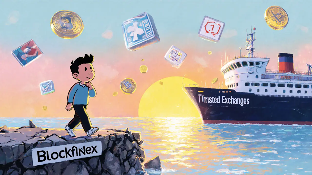 Nutzer verlässt eine instabile Börse und geht hin zu sicheren, hellen Alternativen.