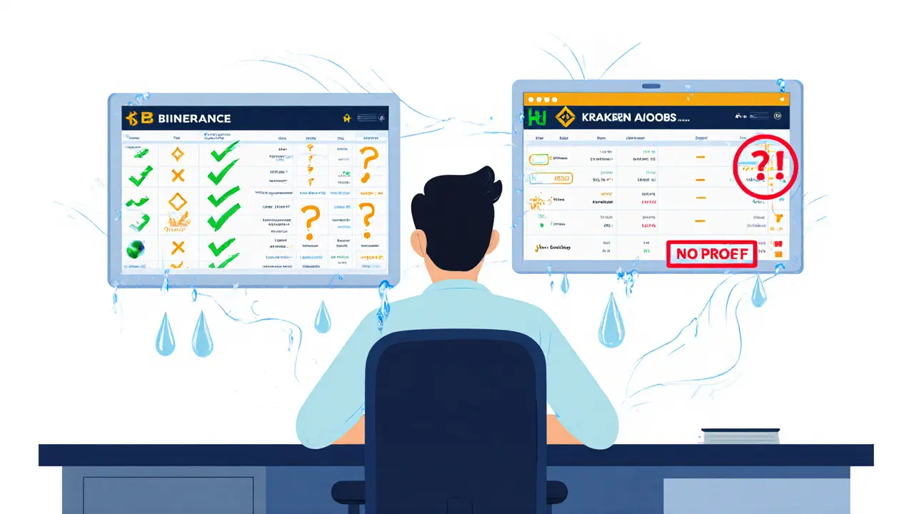 Trader vergleicht transparente Börsen mit Blockfinex, das durch Fragezeichen und rote Warnungen gekennzeichnet ist.